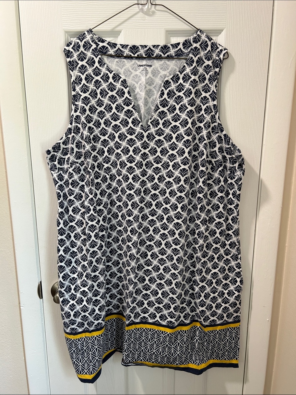 Lands' End Navy, White & Yellow Geometric Sleeveless swim coverup/dress
